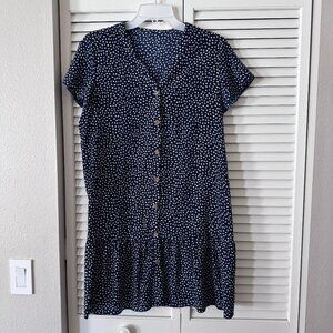 Navy Polka Dot V Neck Button Down Dress